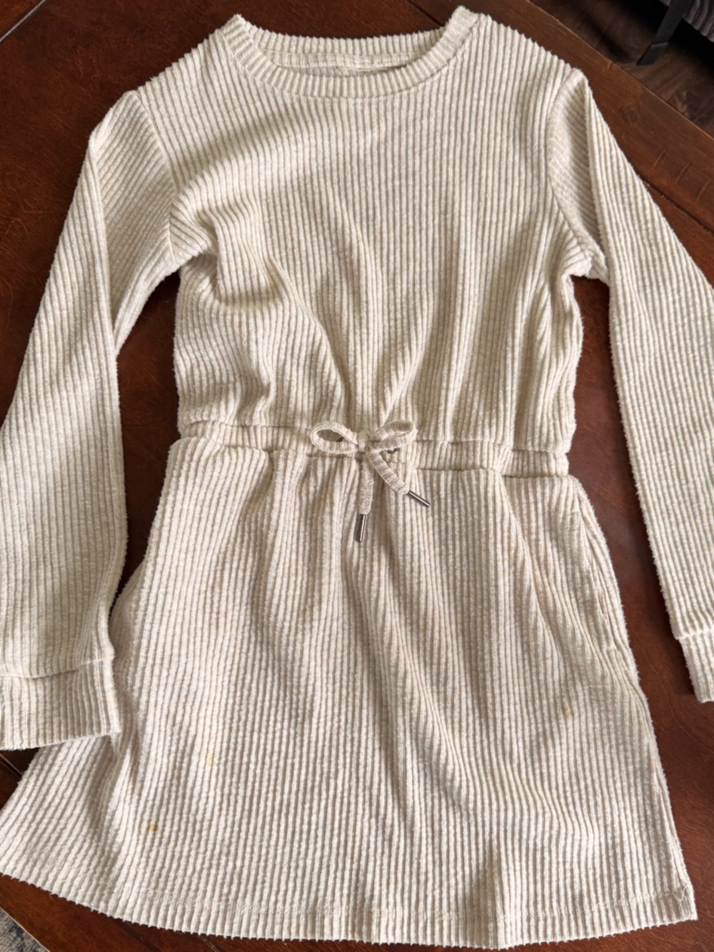Cream Ribbed Long Sleeve Tie-Waist Sweater Dress